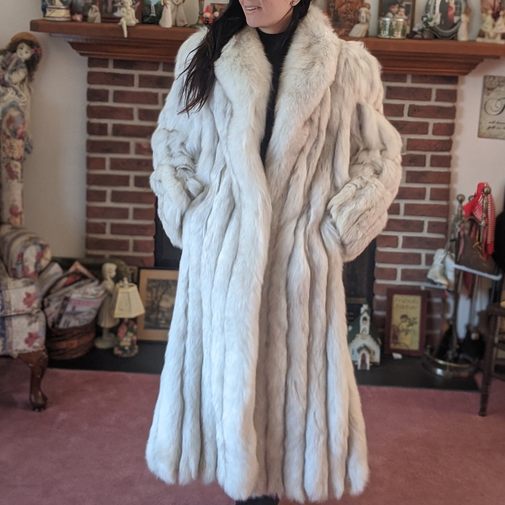 Vintage Blue Fox Fur Long Coat White